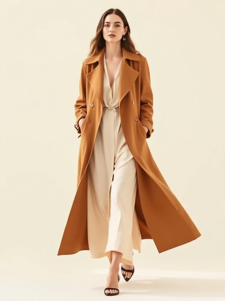 Model in camel trench coat
