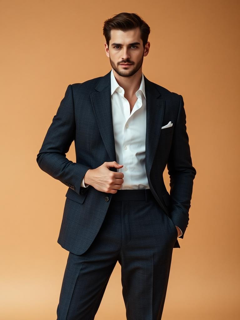 Model in tailored charcoal suit
